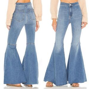 Free People Float On Super Flare Jeans Love Letters Medium Wash Wide Leg Size 26